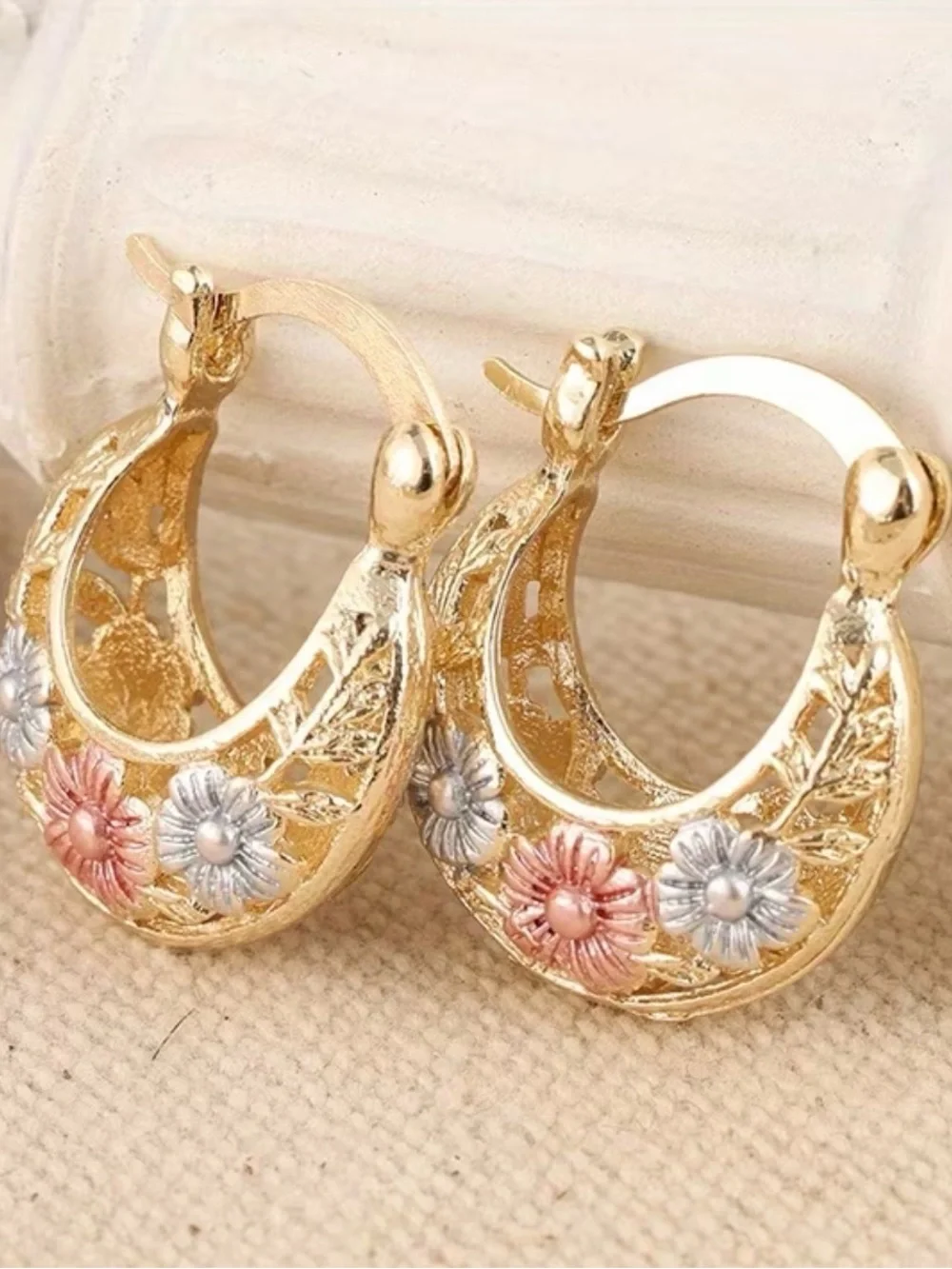 Gold Floral Hoop Earrings with Pink & Silver Accents